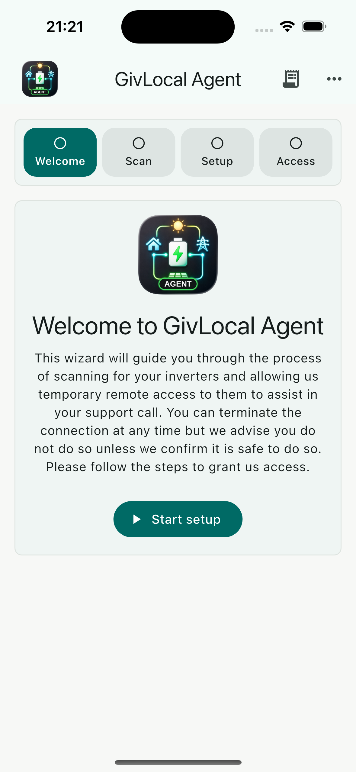 GivLocal Agent setup wizard on mobile